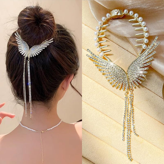 Hair Bun Clipper Elegant Rhinestone Pearl Hair Clip Stylish Wings Shape with Tassel Lightweight Bridal Hair for Ponytail