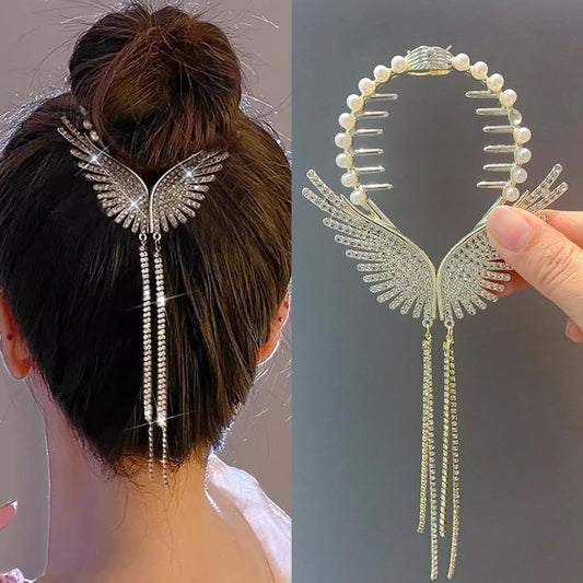 Hair Bun Clipper Elegant Rhinestone Pearl Hair Clip Stylish Wings Shape with Tassel Lightweight Bridal Hair for Ponytail