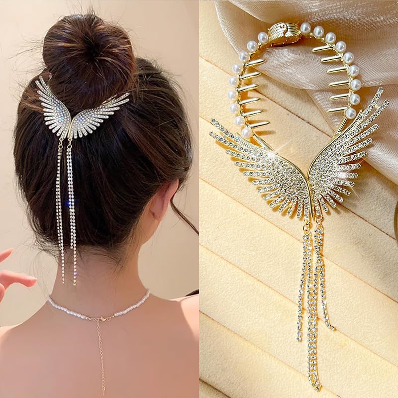 Hair Bun Clipper Elegant Rhinestone Pearl Hair Clip Stylish Wings Shape with Tassel Lightweight Bridal Hair for Ponytail