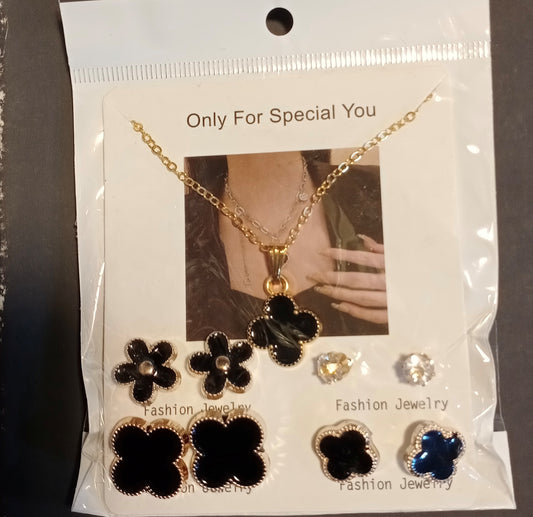 Black flower combooo set Stainless steel jewelry set necklace woth 4 earrings set