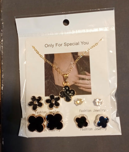 Black flower combooo set Stainless steel jewelry set necklace woth 4 earrings set