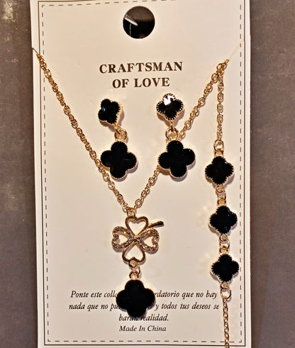 Black Clover Necklace, Earrings & Bracelet Set