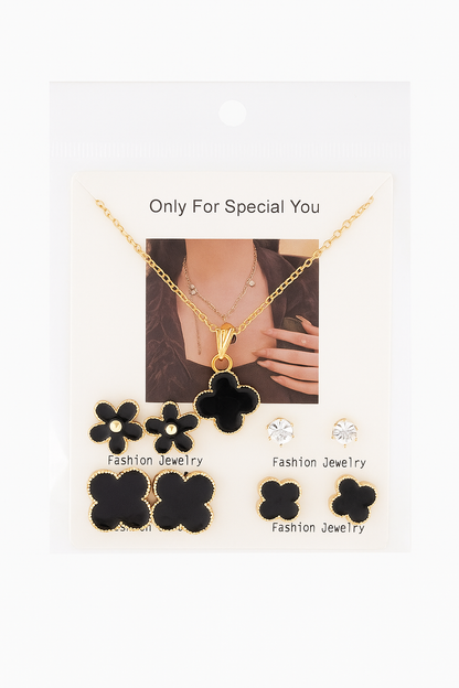 Black flower combooo set Stainless steel jewelry set necklace woth 4 earrings set
