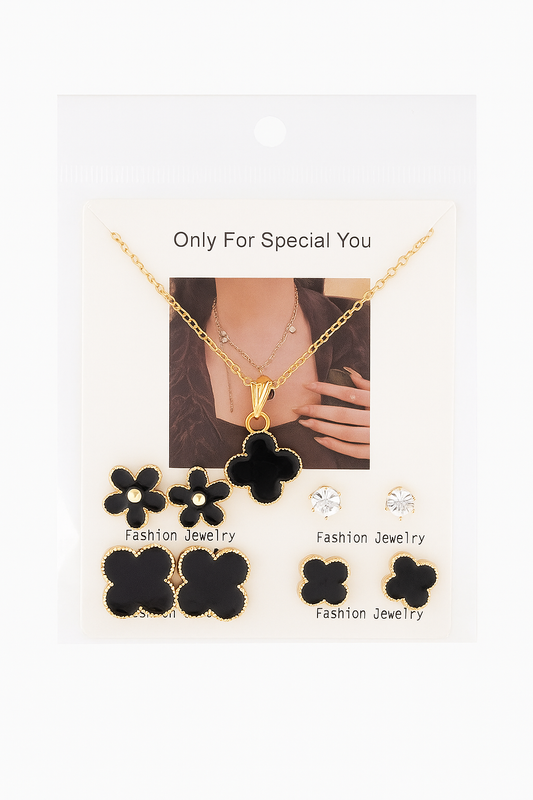 Black flower combooo set Stainless steel jewelry set necklace woth 4 earrings set